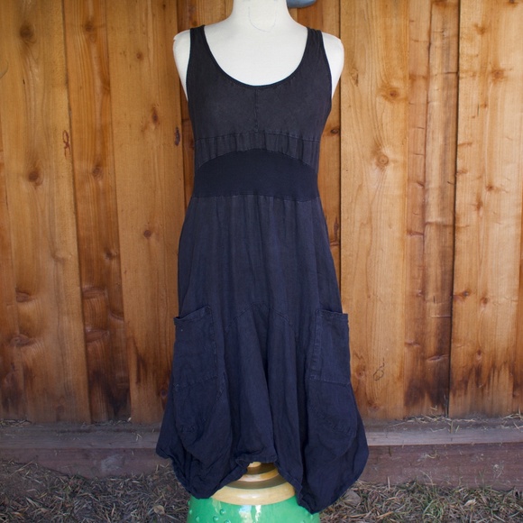Inizio 100% Linen Magic 2 Pocket Black Sleeveless Dress Made In Italy Size L - Picture 1 of 15